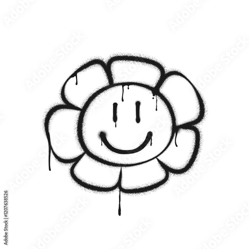 Graffiti drawing flower with eyes and smile. Painted graffiti spray pattern of flower character with smile. Spray paint element. Street art style illustration. Vector.