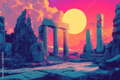 Ancient Ruins Under a Vivid Sunset Sky