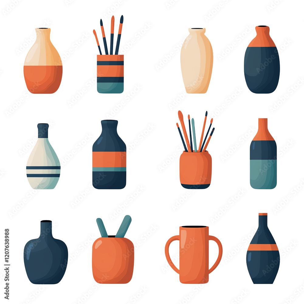 A collection of stylized vases and containers in various shapes and colors, featuring decorative patterns and artful designs. A collection of stylized vases and containers in various shapes and colors, featuring decorative patterns and artful designs.