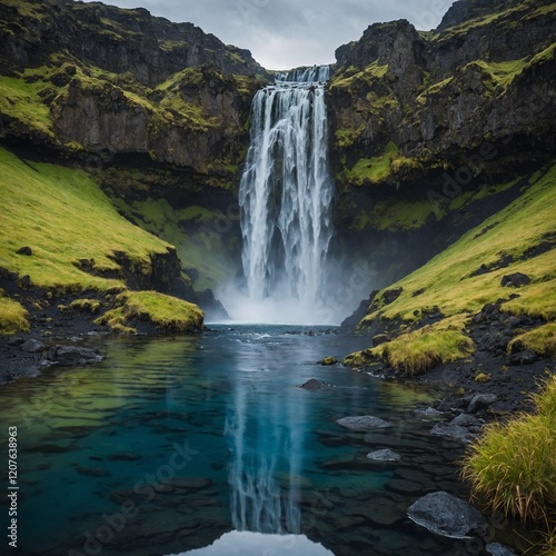 Create a serene landscape featuring a majestic waterfall in Iceland, cascading down rugged cliffs and flowing into a crystal-clear pond below. 