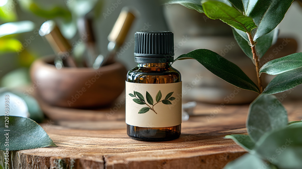 Small bottle of essential oil with blank label on wooden table with herbs and gardening tools Small bottle of essential oil with blank label on wooden table with herbs and gardening tools