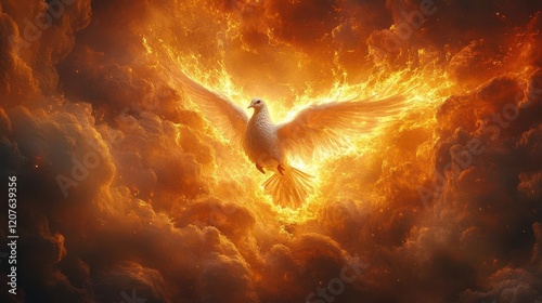 a glowing dove emerges from sacred flames against a celestial backdrop rays of divine light piercing through swirling crimson and gold clouds ethereal pentecostal symbolism photo