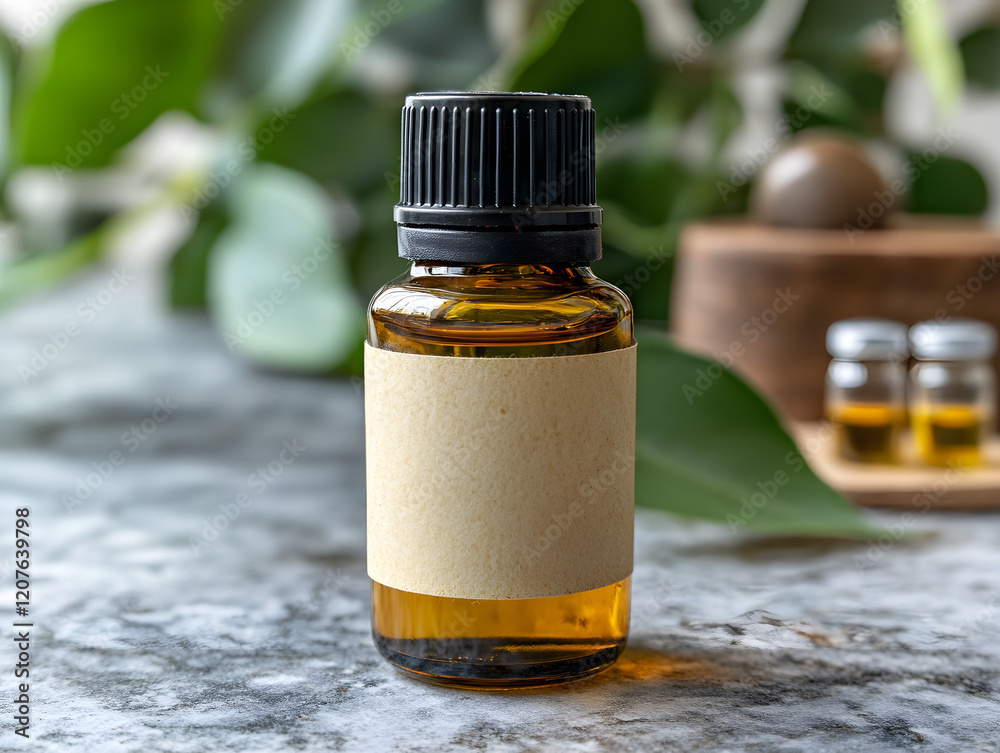 Small bottle of essential oil with blank label on wooden table with herbs and gardening tools Small bottle of essential oil with blank label on wooden table with herbs and gardening tools