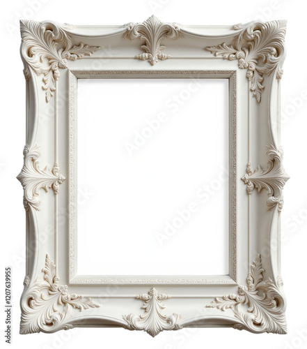 Ornate white picture frame with carved details transparent background