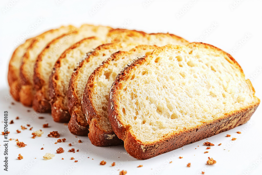 Slices of artisan bread loaf arranged in a neat row on a bright surface with crumbs scattered Slices of artisan bread loaf arranged in a neat row on a bright surface with crumbs scattered