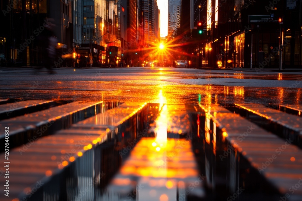 A dramatic shot of a deserted zebra crossing at dawn, with golden sunlight streaming onto the pavement A dramatic shot of a deserted zebra crossing at dawn, with golden sunlight streaming onto the pavement
