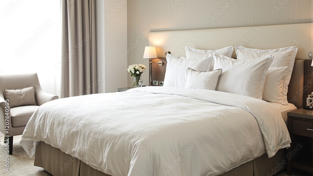 Obraz premium Luxurious hotel suite with king size bed and cozy ambiance