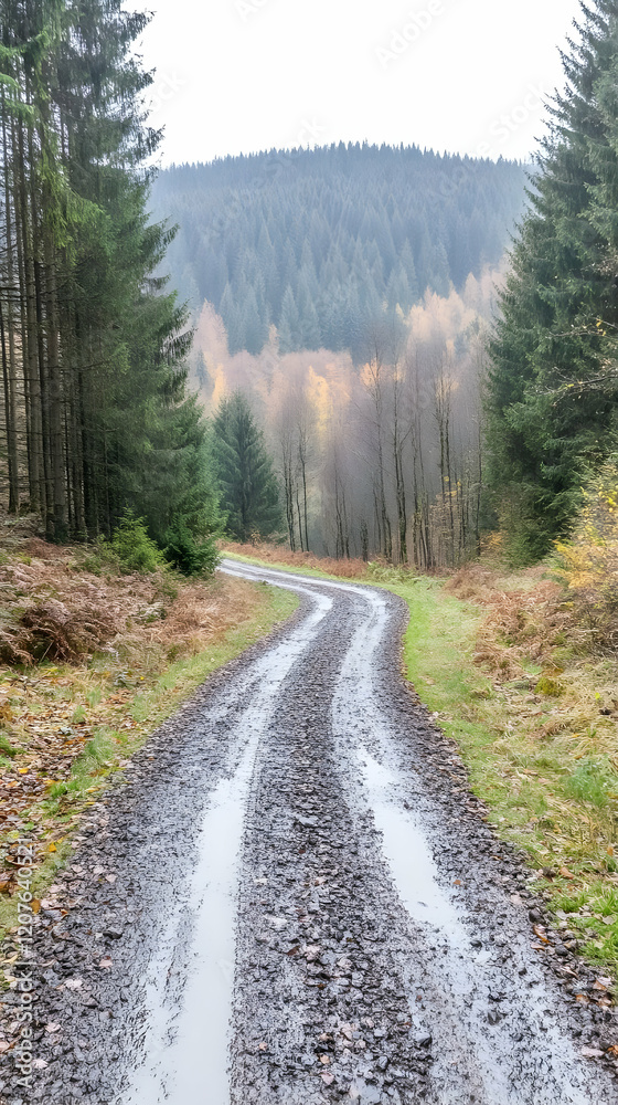 Wet forest road curving uphill, autumn Wet forest road curving uphill, autumn