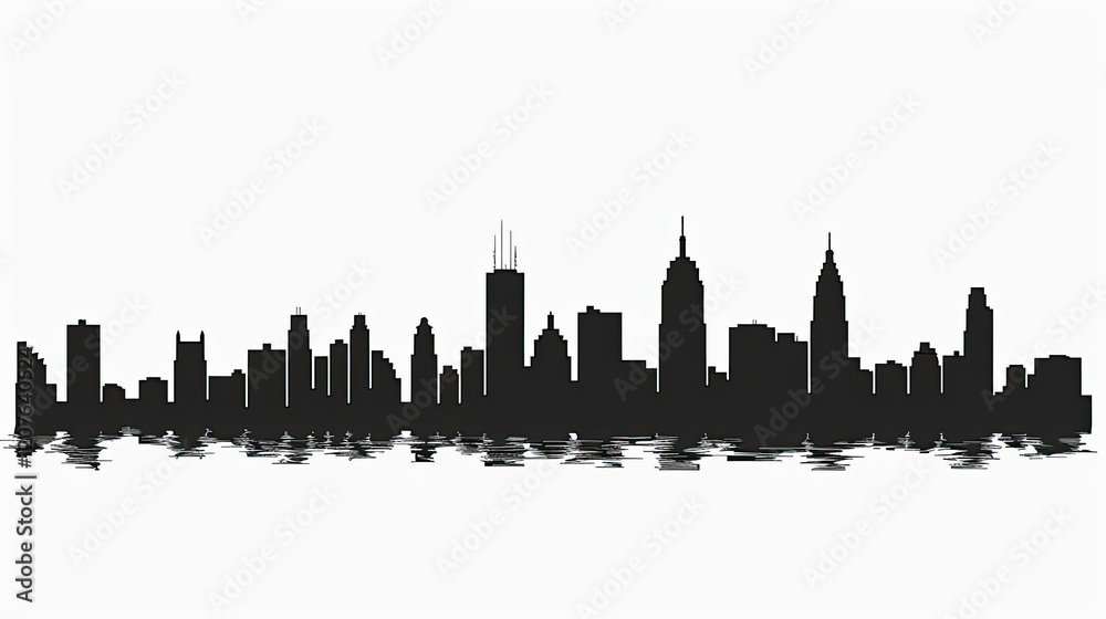 Fototapeta premium A black silhouette of a city skyline reflected on water, showcasing architectural diversity.