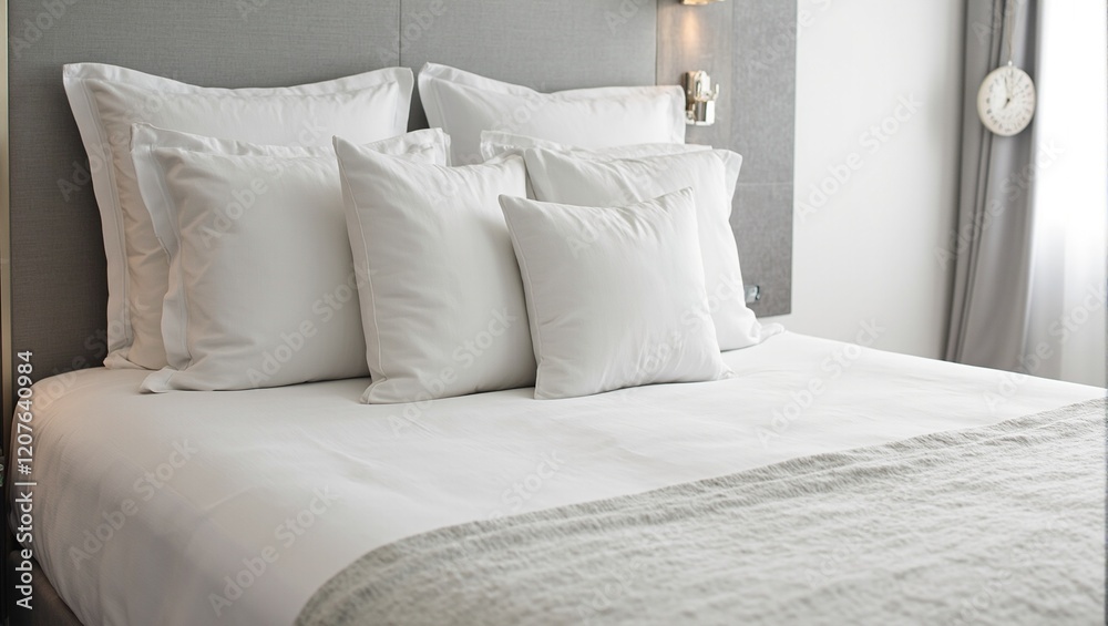 Obraz premium Luxurious king sized hotel bed with fresh linens and plush pillows in an elegant room