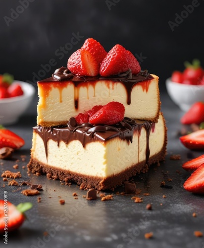 Cheesecake with a sweet and juicy strawberry compote and rich chocolate shavings on top, cheesecake, creative cheesecake toppings , chocolate photo