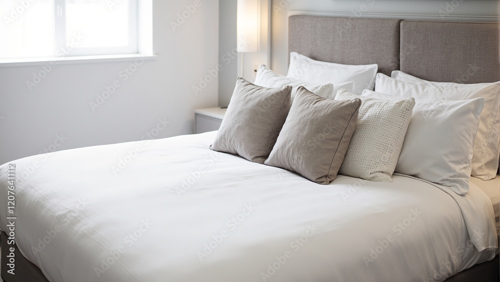 Obraz premium Modern hotel room with plush king bed stylish pillows and natural light