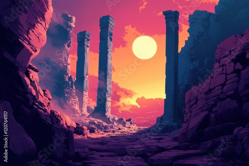 Ancient Pillars and Sun Setting in a Canyon
