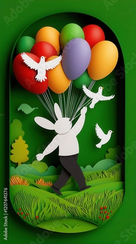 Easter pastel paper cut out background concept. Colorful balloons and doves with a playful, whimsical character in nature photo