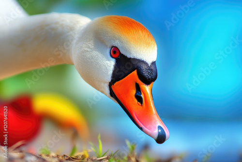 A close-up of a vivid, colorful bird with a striking beak, showcasing intricate details and vibrant colors against a blurred background.