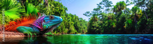 A vibrant lizard sits near a serene water body, surrounded by lush greenery, showcasing a stunning display of colors.