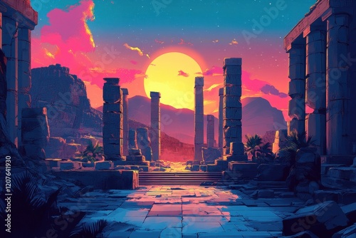 Ancient Ruins at Sunset with a Large Sun in the Sky