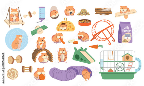 Funny hamster. Pet accessories collection cage toys and food recent vector flat illustration of hamster life style