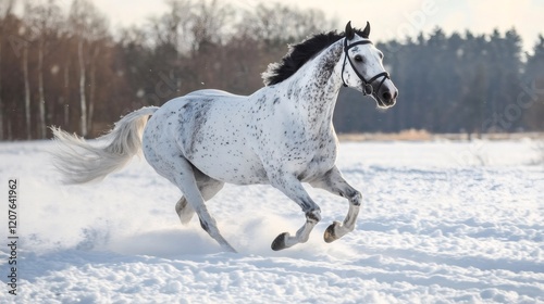 Knabstrupper horse galloping through snowy field in winter