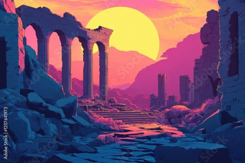 Ancient Ruins Under a Vibrant Sunset Sky
