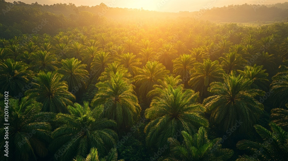 Golden hour sunlight bathes a vast palm tree plantation. Golden hour sunlight bathes a vast palm tree plantation.