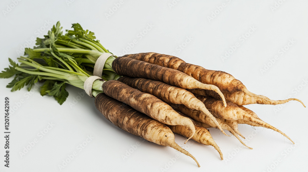 Fresh parsnips with green tops displayed on a light background Fresh parsnips with green tops displayed on a light background