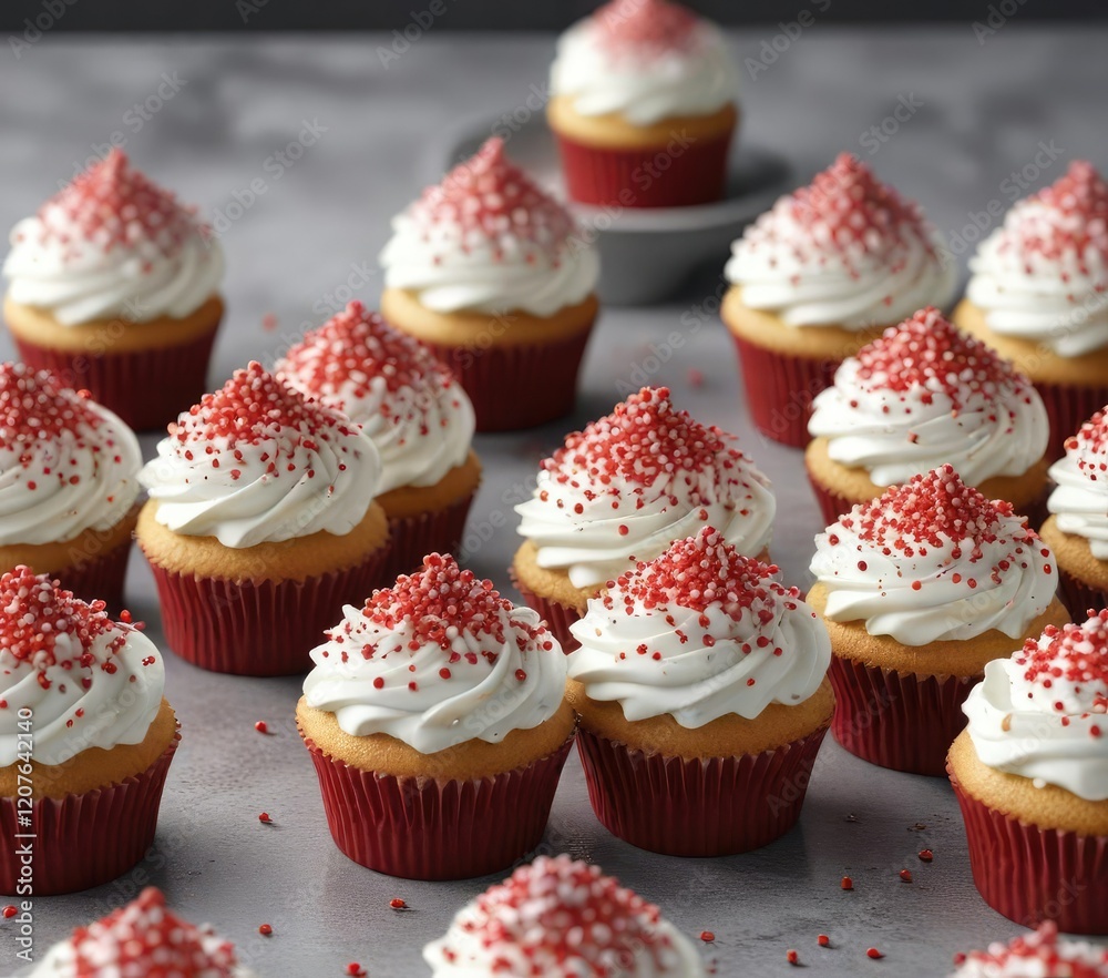 Bunch of colorful cupcakes with white frosting and red sprinkles on top, party favors, holiday treats, dessert table Bunch of colorful cupcakes with white frosting and red sprinkles on top, party favors, holiday treats, dessert table