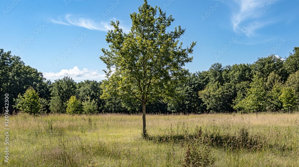 Serene Summer Meadow Landscape: A Single Tree in a Sunlit Field Against a Lush Green Forest Backdrop Serene Summer Meadow Landscape: A Single Tree in a Sunlit Field Against a Lush Green Forest Backdrop