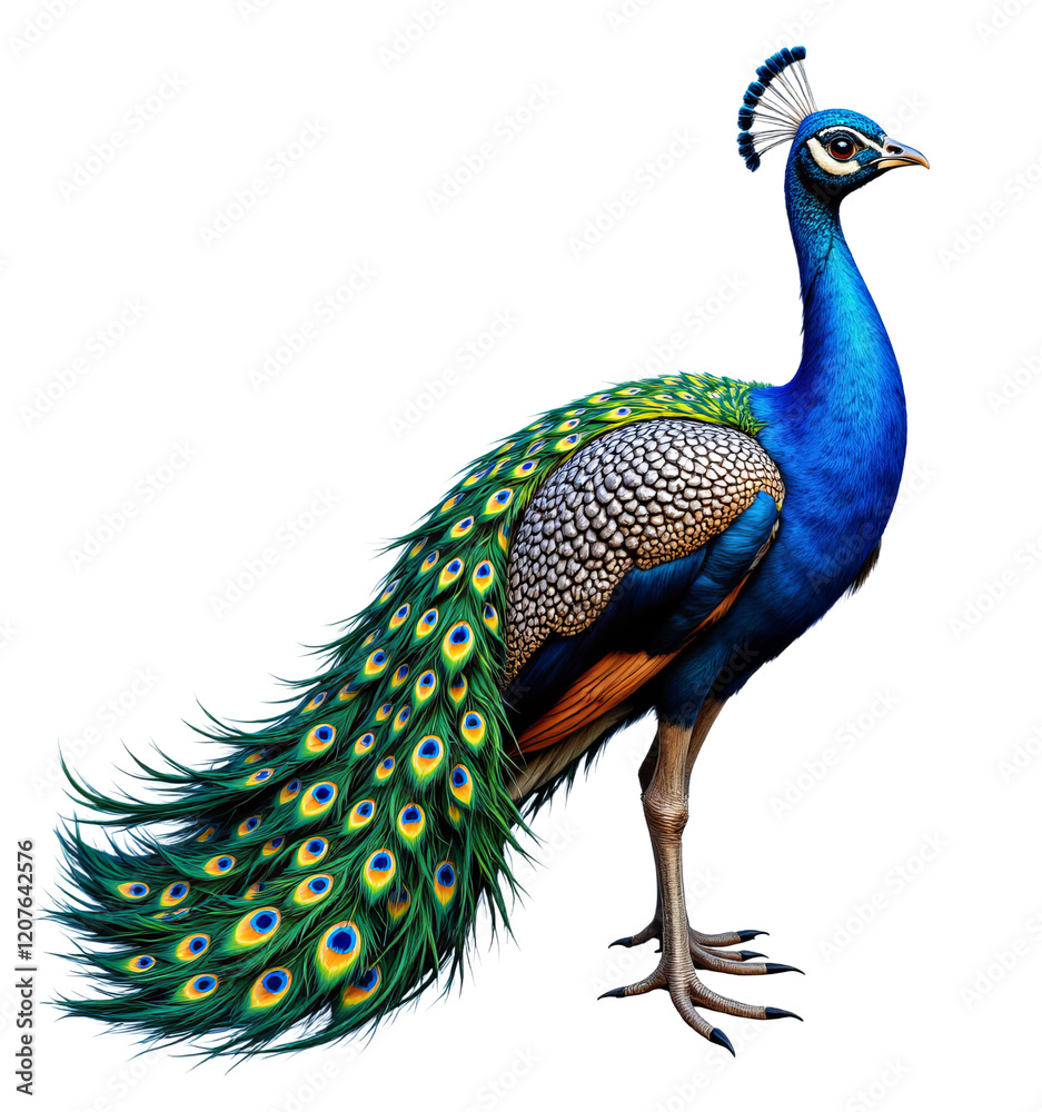 Fototapeta premium Peacock with blue feathers and patterned tail on transparent background