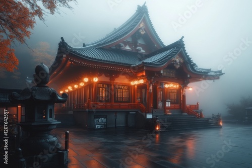 A gothic-style Zen temple with dramatic lighting, stone statues, and eerie fog rolling through its courtyard