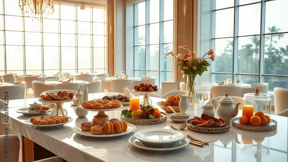 breakfast spread on a marble table in a luxurious hotel restaurant with golden accents and large windows, morning feast, soft lighting, fine china, marble countertop, upscale dining breakfast spread on a marble table in a luxurious hotel restaurant with golden accents and large windows, morning feast, soft lighting, fine china, marble countertop, upscale dining