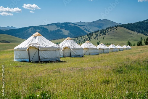 Traditional mongolian yurts standing in a green meadow under a blue sky