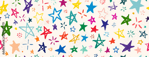 Vector kids pattern with doodle textured stars. Vector seamless background, blue and orange markers and brush stroke sketch pattern