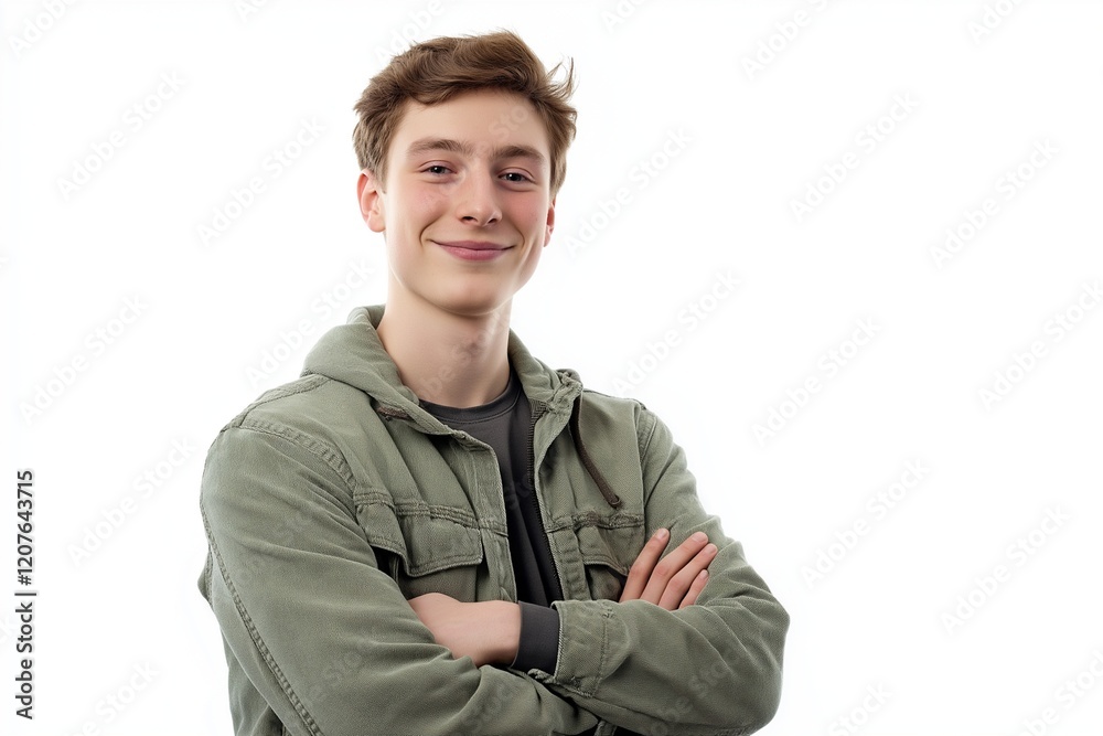 young man smiling with his arms crossed, standing confidently, isolated on white background young man smiling with his arms crossed, standing confidently, isolated on white background