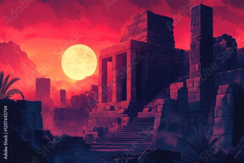 Ancient Ruins Under a Blood-Red Sky
