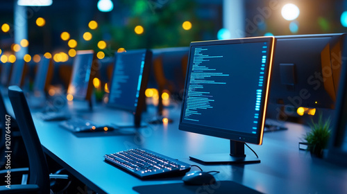 Modern computer workstation with screens displaying programming code at night. photo