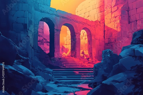 Ruined Arches Leading to an Orange and Pink Sunset