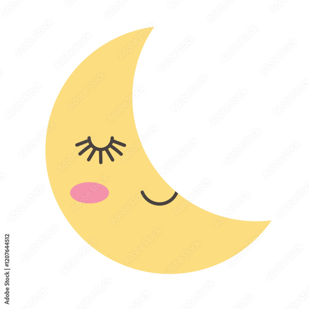 Cute crescent moon illustration with blush. Minimalistic illustration of a smiling yellow crescent moon with closed eyes and rosy cheeks, perfect for bedtime or nursery themes Cute crescent moon illustration with blush. Minimalistic illustration of a smiling yellow crescent moon with closed eyes and rosy cheeks, perfect for bedtime or nursery themes