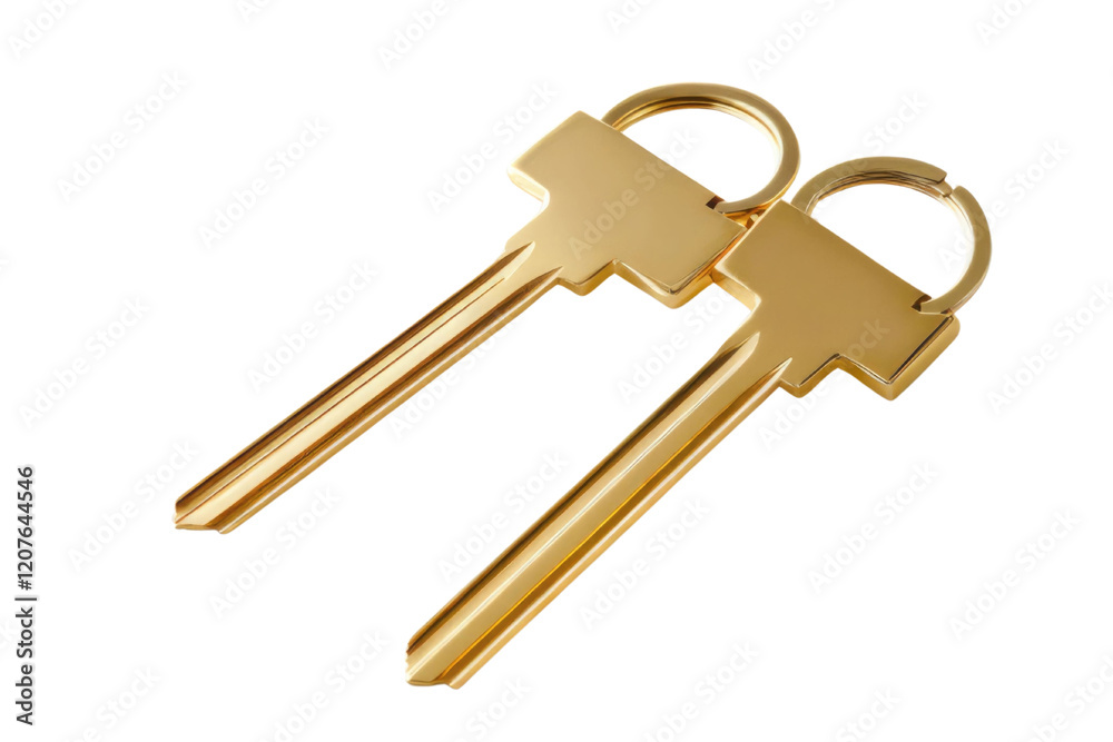House key pair with metal house shaped keyring isolated on white background. PNG


