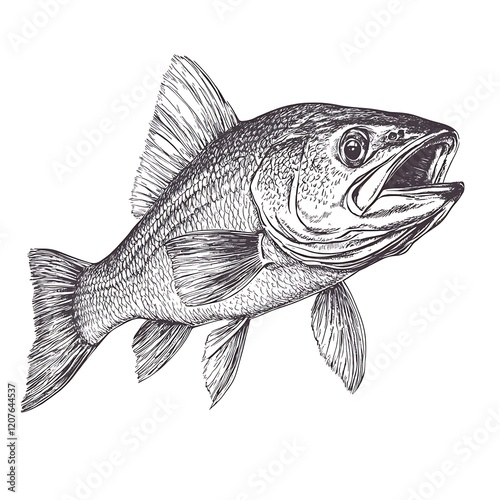 Detailed hand-drawn illustration of a striped bass. photo