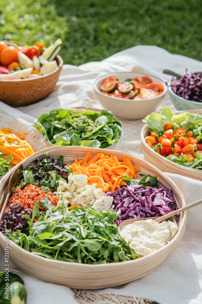 Making a colorful and healthy salad with fresh vegetables and cheese on a picnic blanket Making a colorful and healthy salad with fresh vegetables and cheese on a picnic blanket