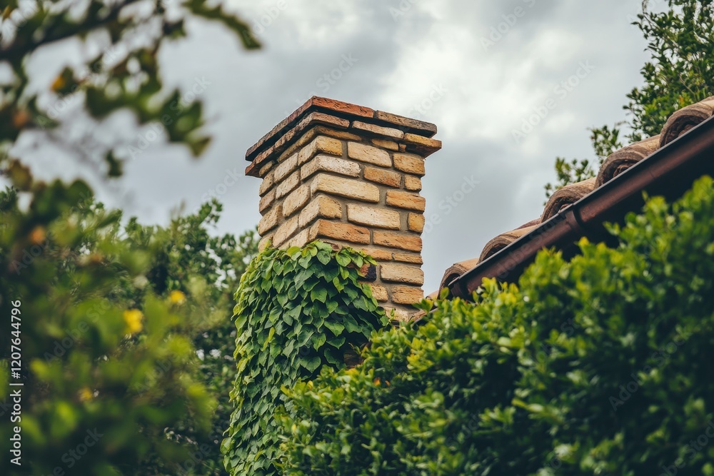 Overcast Sky Background Featuring a Charming Stone Chimney Surrounded by Greenery, Perfect for Nature and Architecture Stock Photos Overcast Sky Background Featuring a Charming Stone Chimney Surrounded by Greenery, Perfect for Nature and Architecture Stock Photos