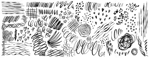 Hand Drawn textures and design elements made with ink. Doodle scribble elements