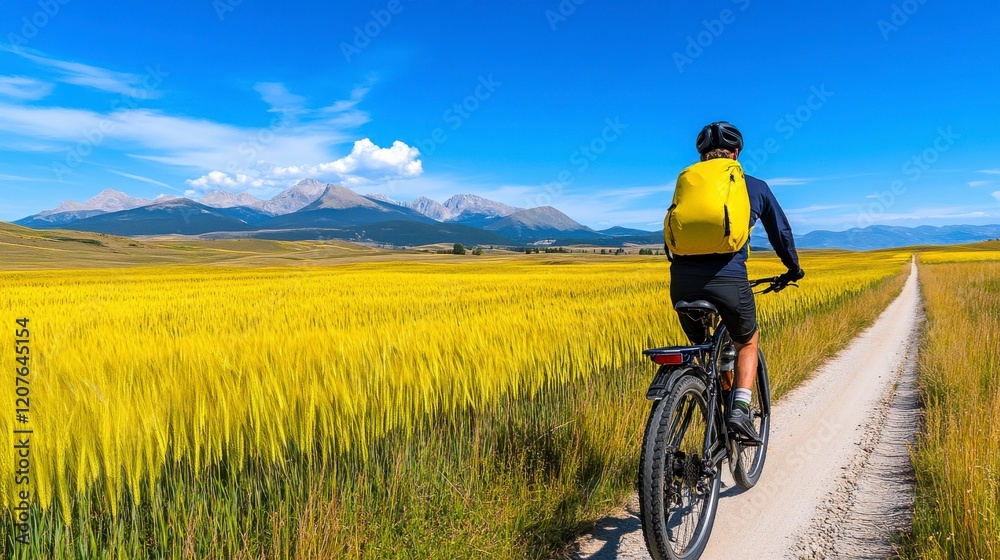 Obraz premium Scenic Mountain Landscape with Cyclist Riding through Golden Fields