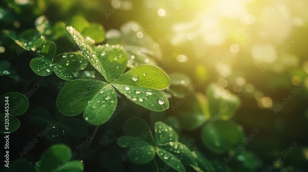 Vibrant green clover with dew drops bathed in golden sunlight, symbolizing luck and renewal in nature's embrace. Vibrant green clover with dew drops bathed in golden sunlight, symbolizing luck and renewal in nature's embrace.