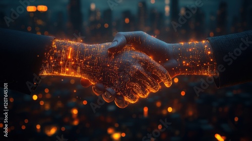 Digital partnership formation urban skyline business concept futuristic environment close-up