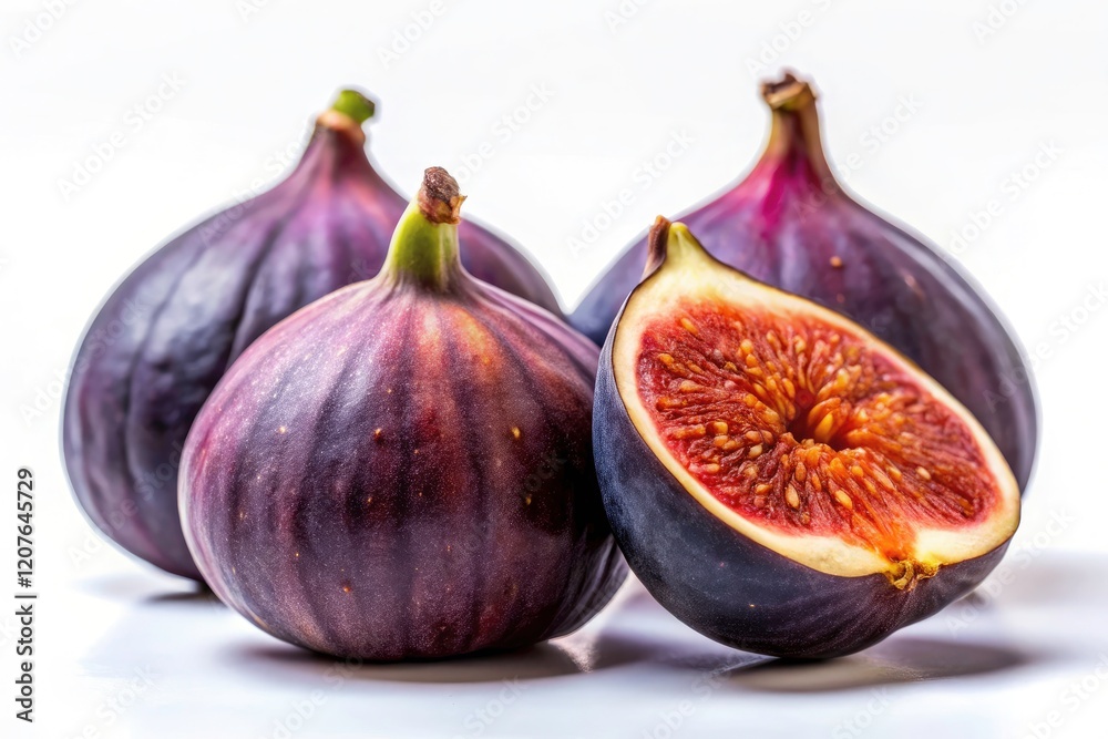 Isolated purple figs, sharply silhouetted, create a captivating image against a clean white background. Isolated purple figs, sharply silhouetted, create a captivating image against a clean white background.