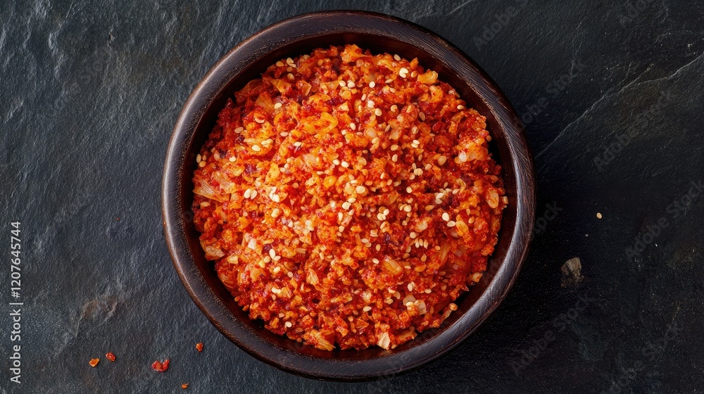 Close-up of a bowl of Korean kimchi with vibrant red seasoning, contrasted against a dark slate background. Close-up of a bowl of Korean kimchi with vibrant red seasoning, contrasted against a dark slate background.