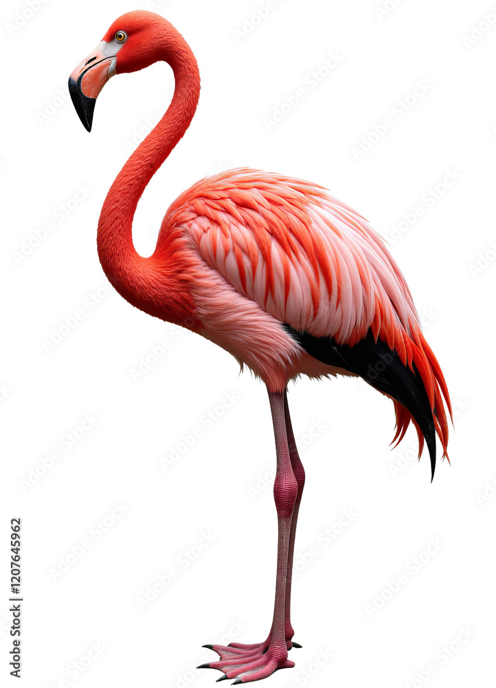 Fototapeta premium Pink flamingo with black beak and legs, transparent background
