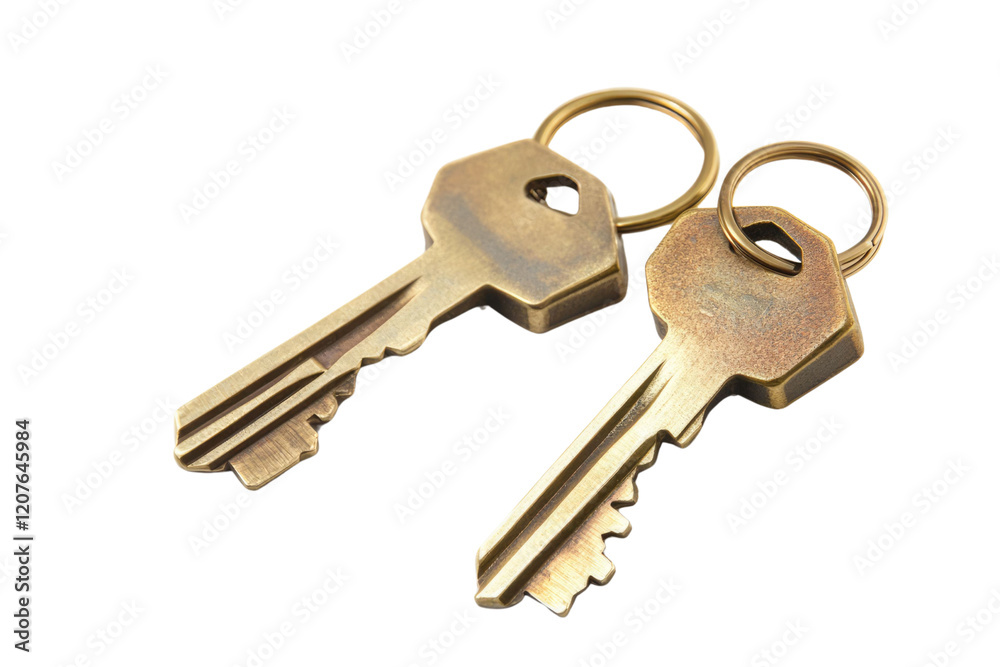House key pair with metal house shaped keyring isolated on white background. PNG
House key pair with metal house shaped keyring isolated on white background. PNG